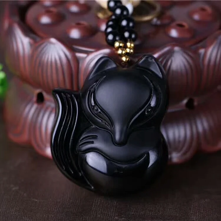 Genuine Natural Black Obsidian Gemstone Pendant Women Man Fox Shape Crystal Pendant 45x40x13mm AAAAA (1)