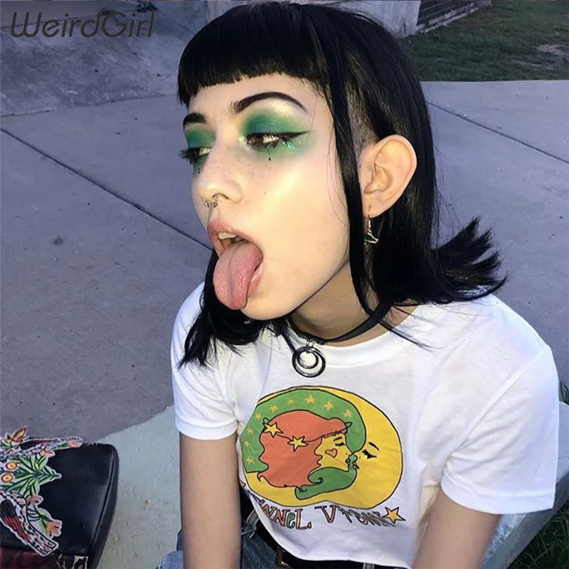 Weirdgirl المرأة الكرتون طباعة تي شيرت أز عارضة فام تيز س الرقبة قصيرة الأكمام فتاة فضفاض المحاصيل قمم الإناث قمم الصيف جديد