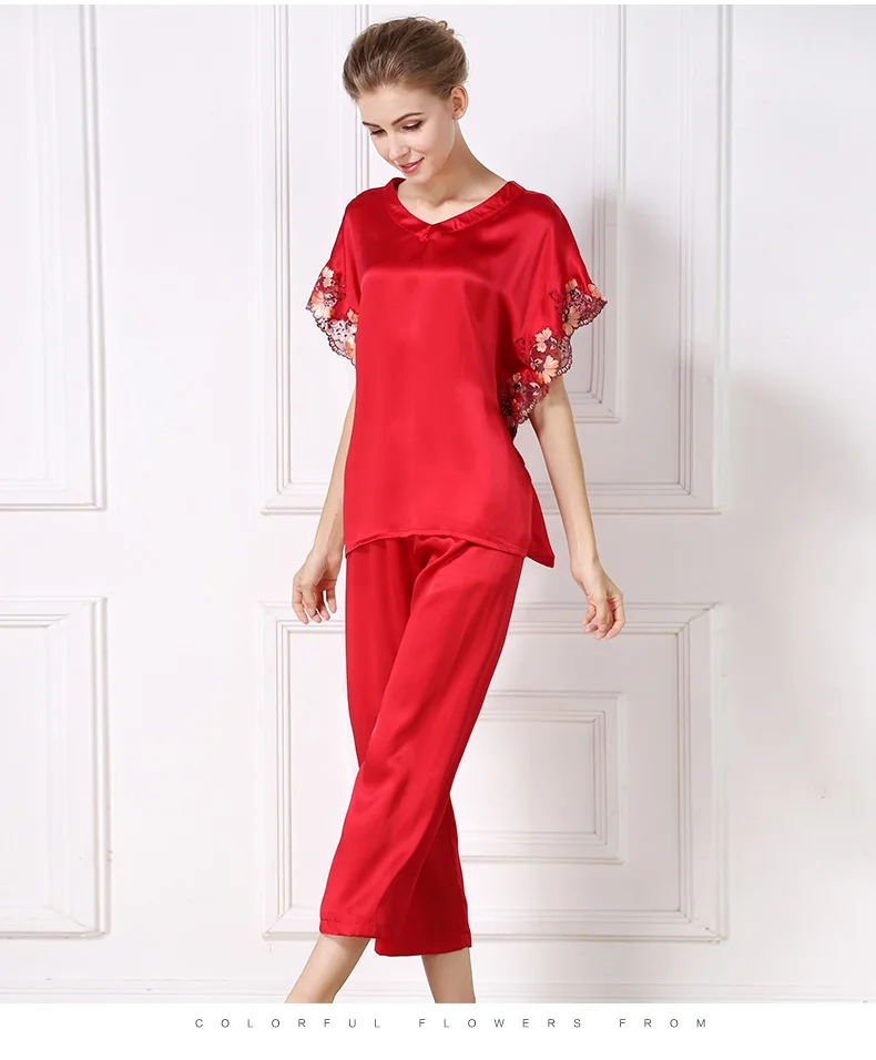 Женские брендовые шелковые пижамные комплекты с коротким рукавом летние ботильоны-длина Штаны ночь пижамы для женщин Повседневная мода
