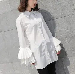 Белая блузка в европейском стиле; сезон весна-лето; темно-модная Свободная рубашка с длинными рукавами, с длинными рукавами