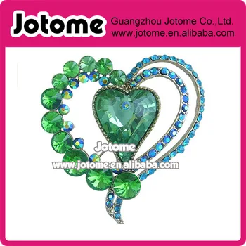 

2.56 inch Gold-tone Green Rhinestone Crystal Love Heart Brooch Pin