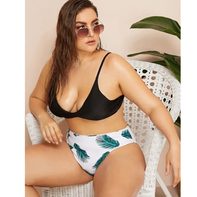 

Fat Women Big Bra Plus Size Bikini Set Two Piece Suit Black Bra High Waist Trunks Swimsuit Swimming Beach Vacation Sets