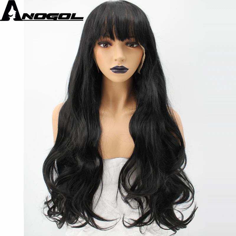 Anogol Высокая температура волокна волос бахрома натуральный 1B черный длинные тела волна синтетический парик фронта шнурка для белых женщин с челкой