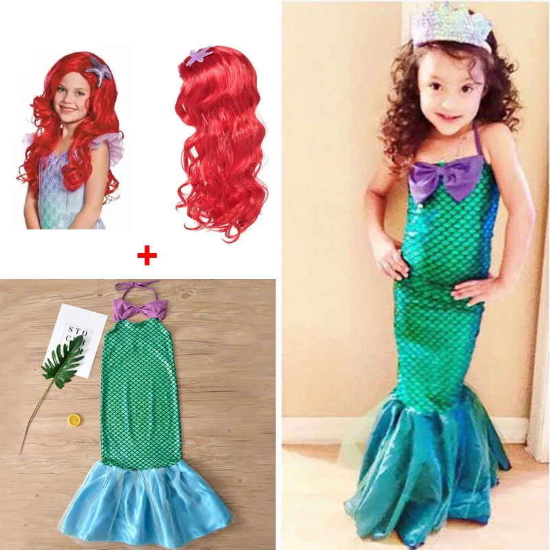 

Girls Fashion Summer Mermaid Princess Dresses Fishtail Kids Ariel Little Mermaid Dress Halloween Party Cosplay Costume and wig