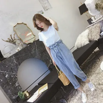 

2018 Autumn New Sashes Fashion High Waist Jeans Loose Casual Woman Blue Denim Wide Leg Pants Streetwear Bract Trousers