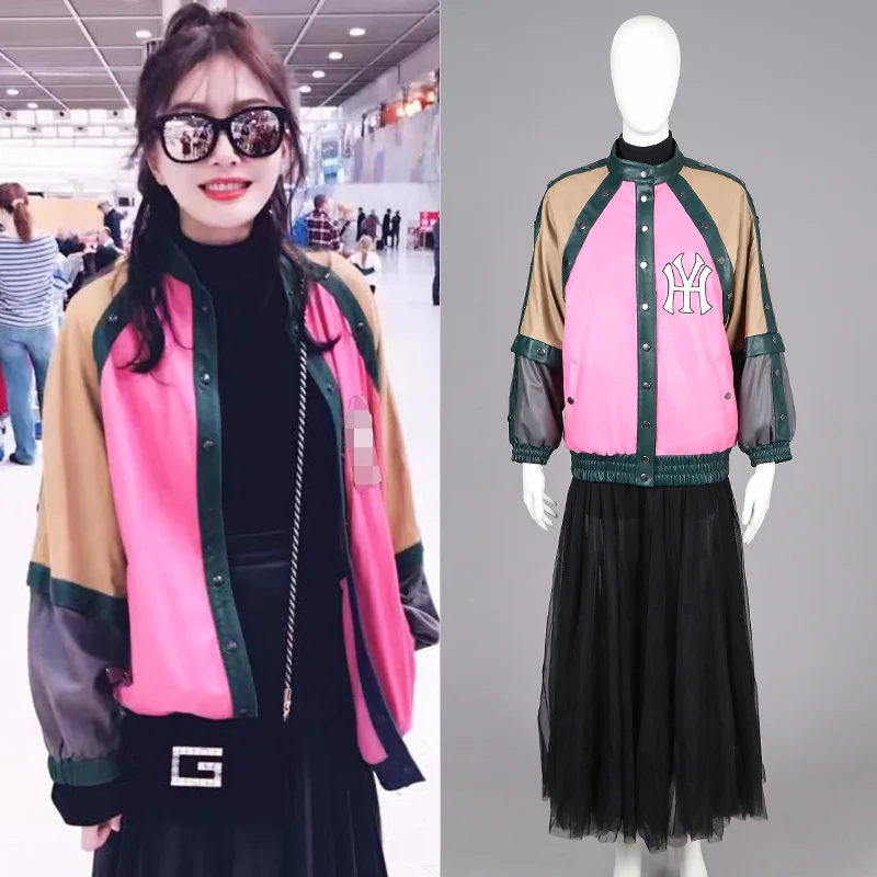 

Qin LAN Jacket with The Same Style of 2019 Early Spring New Color Contrast Stitching Warm BF Loose Joker Baseball Jacket Women