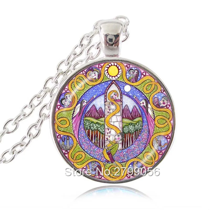 Rapunzel Fairy Tale Mandala Necklace Glass Cabochon Pendant Whimsical Folk Style Accessories Geometric Jewelry for Best Friends |