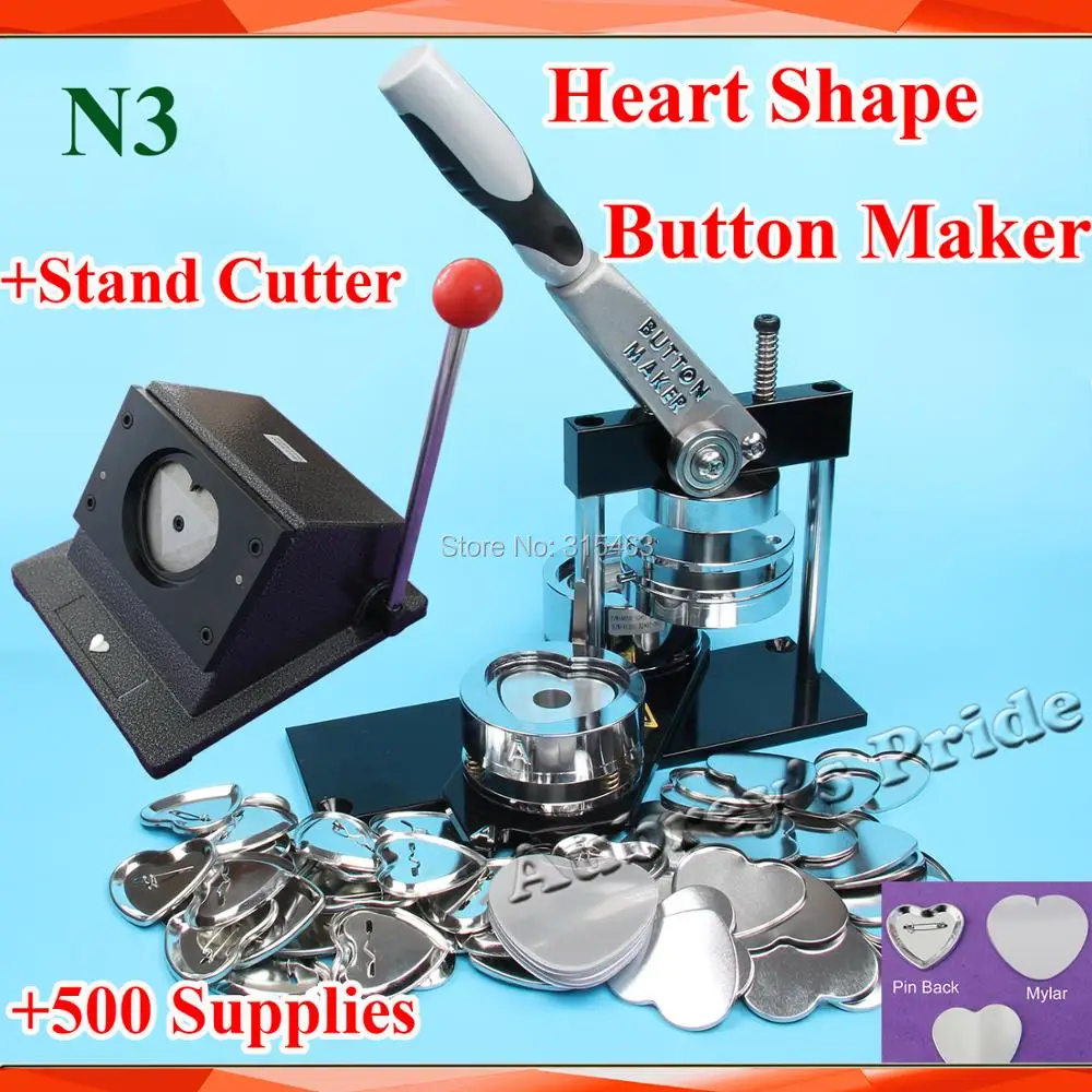

Pro N3 Heart Shape 57x52mm Badge Button Maker Machine +Cutter+ Mould +500 Sets Metal Pinback Supply