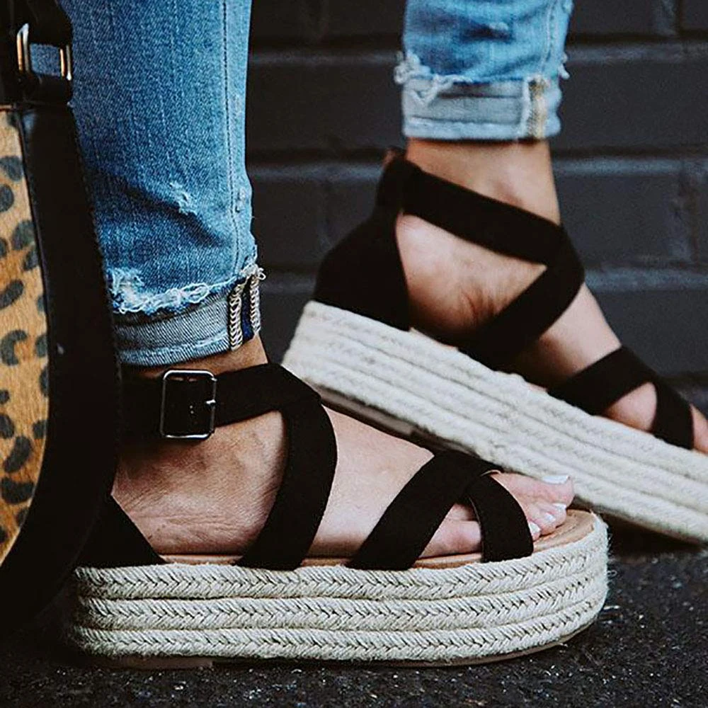 

SHUJIN Women's Ankle Strap Shoes Scandals Summer Flat Shoes Femme Sandals Plus Size 2019 zapatos de mujer