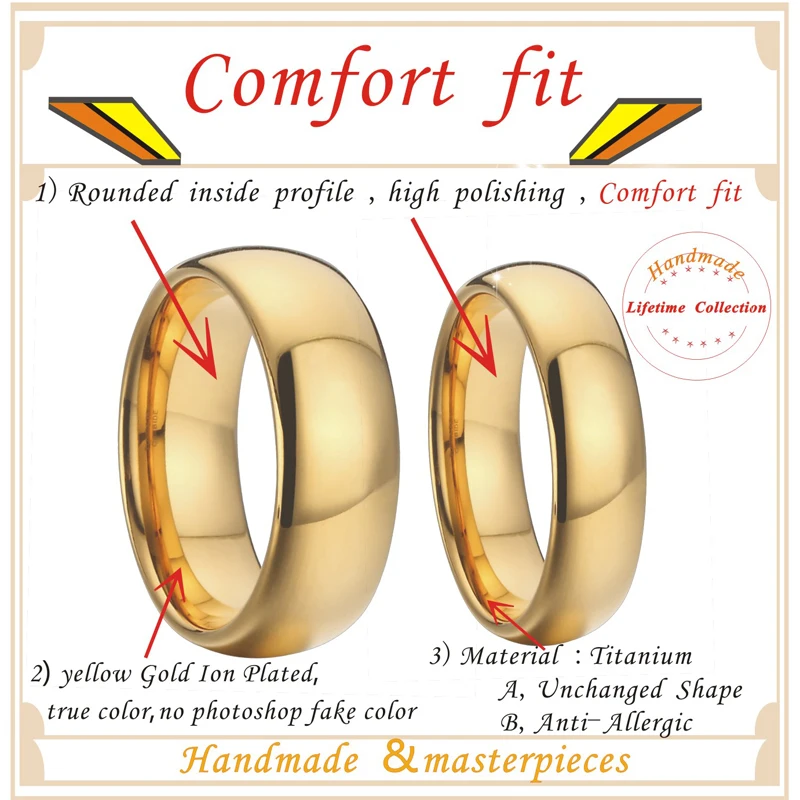 1 pair 8mm & 6mm gold plating titanium wedding bands couples rings sets for men and women alliance anel ouro size USA  5-151412-6mm-8mm-(1)