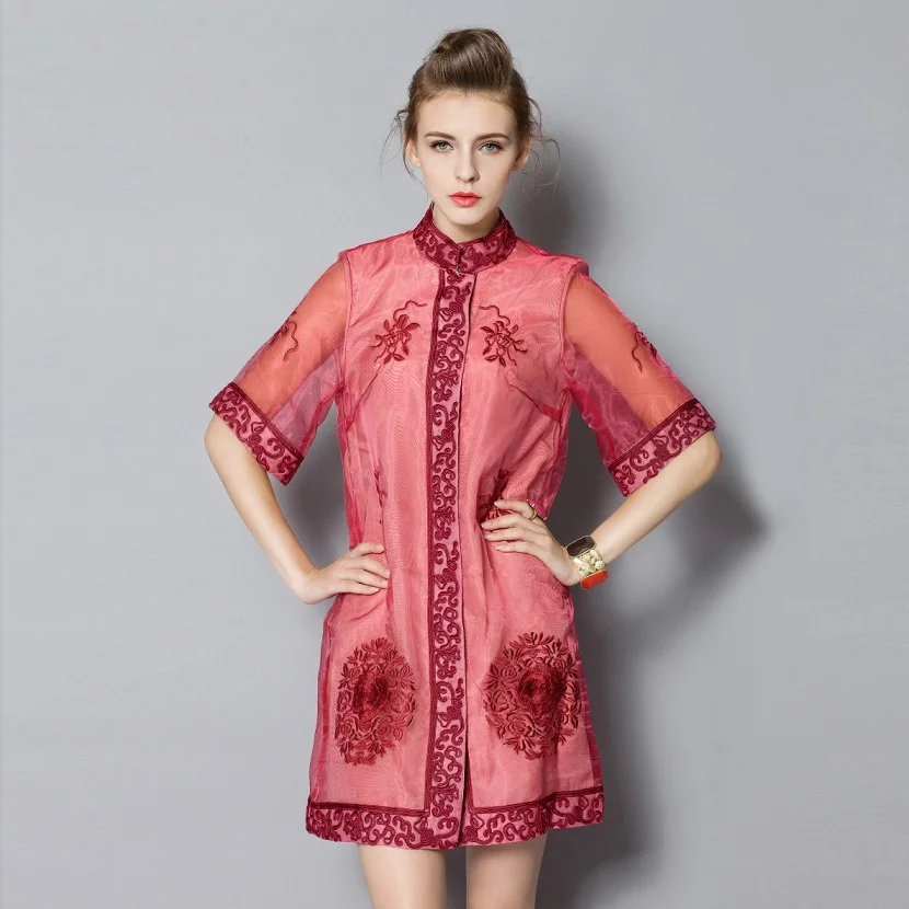 Платье размера плюс, женское M-3XL, новинка, весна-лето, винтажное, китайский стиль, вышитые цветы, органза, платье-рубашка - Цвет: red