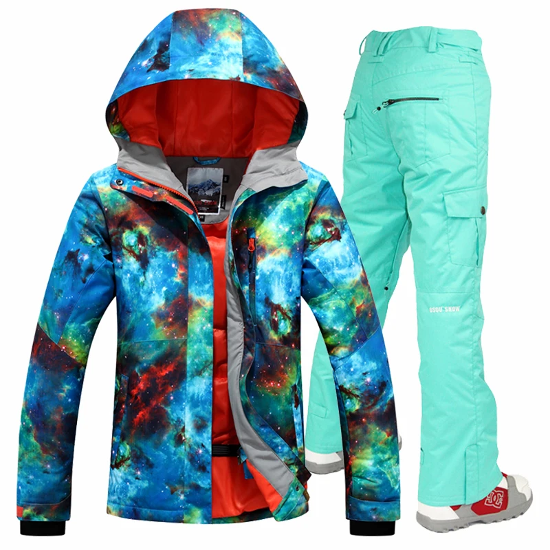 Gsou Snow Lyžařský oblek Sada Dámská snowboardová bunda a kalhoty Lyžařský oblek Ženy Větruvzdorný Dámské zimní Teplé bundy