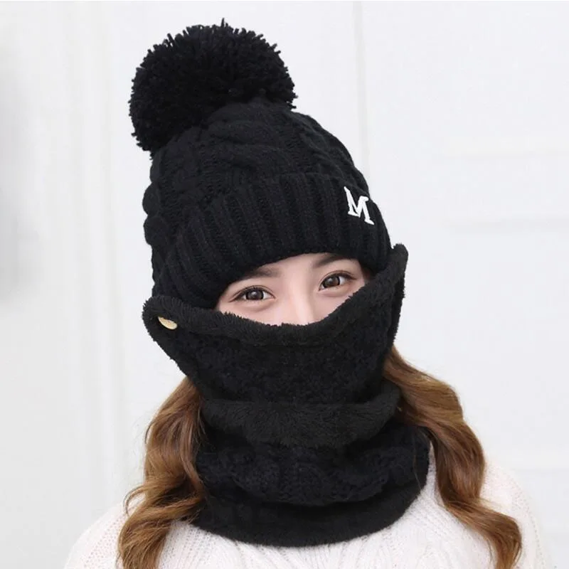 New Winter Women's Full Face Mask Hat Caps Scarf Set Knitted Warm Thick