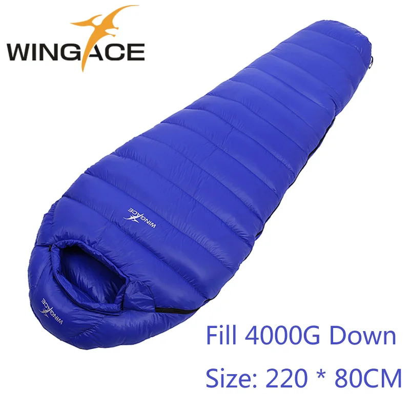 220CM BLUE WINGACE зимний спальный мешок для взрослых наполнение 4000 г утиный пух теплый Мумия Открытый Кемпинг утка вниз спальные мешки uyku tulumu - Цвет: 220CM BLUE