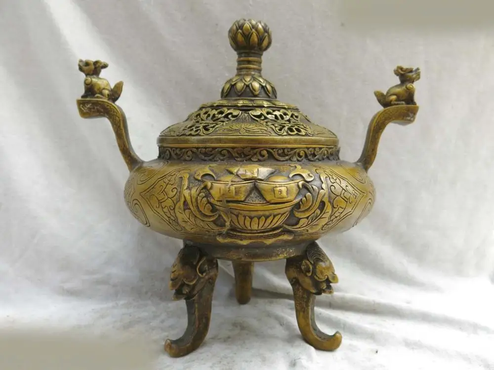 

Fine brass censer China copper water lily Foo Dogs lion incense burner Statue (D0426)