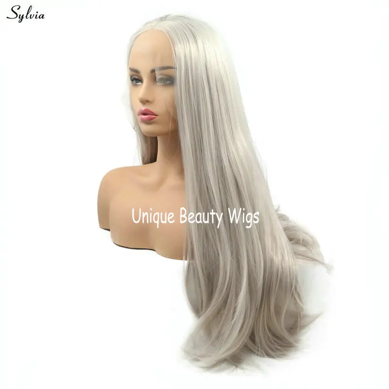 Sylvia серебристо-серый парик натуральные волнистые длинные волосы термостойкие синтетические парики на кружеве для женщин пепельный блонд/платина средняя часть