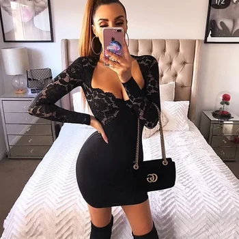 

Newest Ladies Sexy Long Sleeve V Neck Lace Women Bandage Dress 2018 Knitted Bodycon Party Dress
