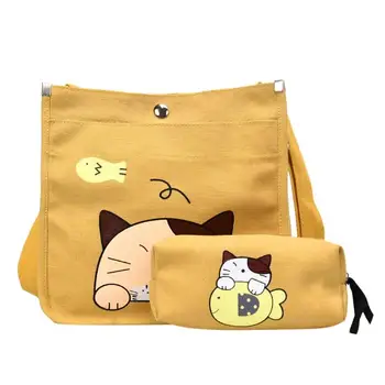 

2pcs/set Women Canvas Cartoon Cat Print Shoulder Crossbody Handbags Pen Bag