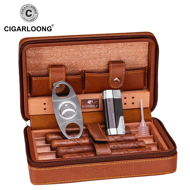 COHIBA Luxury Leather Cedar Wood Humidor Humidifier With Cutter Lighter