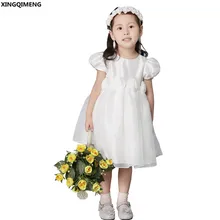 

Chic Flower Girl Dresses Short Puff Sleeve Beaded First Holy Communion Dresses Bow Little Ladies Gown Lovely vestido de daminha