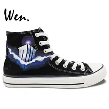 Вэнь ручная роспись обувь Доктор Кто подарки на день рождения Дизайн Пользовательские высокой верхней черный холст кроссовки для Для мужчин Для женщин Подарки