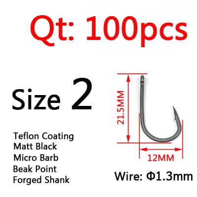 Size 2 100pcs ICERIO 100 шт. матовый черный telfron широкий зазор зазубренный Карп рыболовные крючки для всплывания крючок для ловли карпа - Цвет: Size 2 100pcs