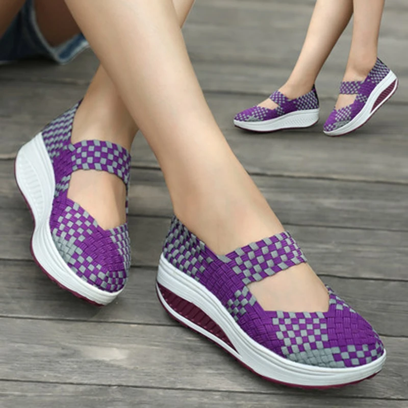 SWYIVY Women Slimming Shoes Woven Breathable Slip-on Sneakers New Wedge Height Increasing Female Toning Swing Shoes
