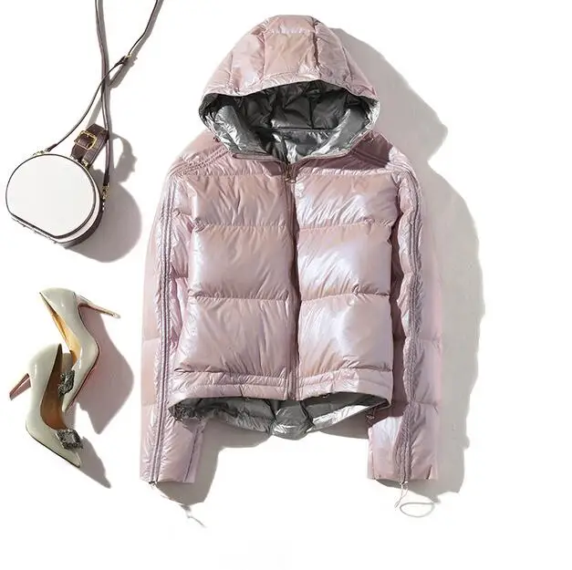 Зимнее женское пальто, белый утиный пух, женская зимняя куртка, двухстороннее свободное пуховое пальто, женский толстый теплый пуховик, парка - Цвет: Розовый