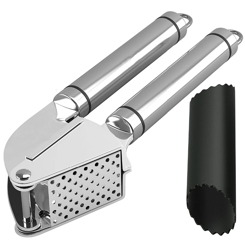 

Garlic Press and Peeler Set. SOLD IN ELEGANT Stainless Steel Mincer and Silicone Tube Roller