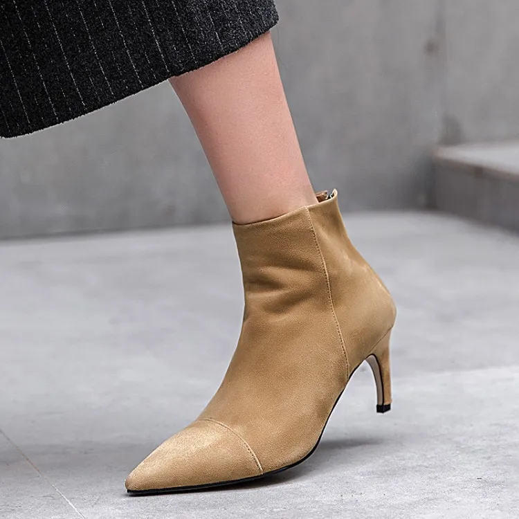 

MLJUESE 2019 women ankle boots cow suede black color slip on autumn spring pointed toe high heels women boots party dress