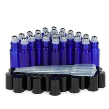 24pcs New Empty Cobalt Blue 10ml Glass Roller Bottles with Stainless Steel Metal Roll On Balls for Mixing Essential oil Perfume
