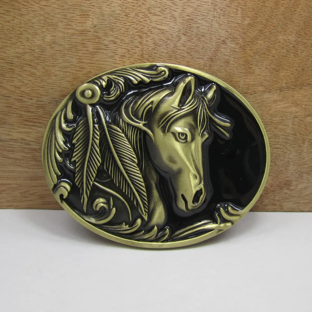 

BuckleClub wholesale retro western horse head jeans gift belt buckle FP-02209-1 antique brass finish for men 4cm width loop