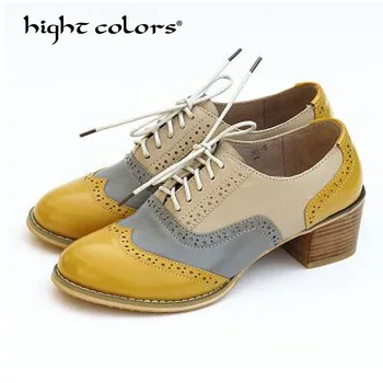 

New Arrival Brand 2019 Vintage Womens Stylish Brogue Shoes Lace Up Oxfords Chunky Block Cut Outs Heels Shoes Plus Size 33~42