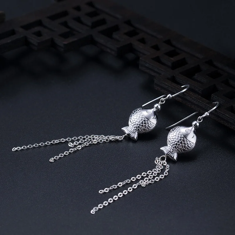 fish tassel earring chinese vintage silver earring 100% 925 Sterling silver Jewelry fashion Hypoallergenic dangle earring woman