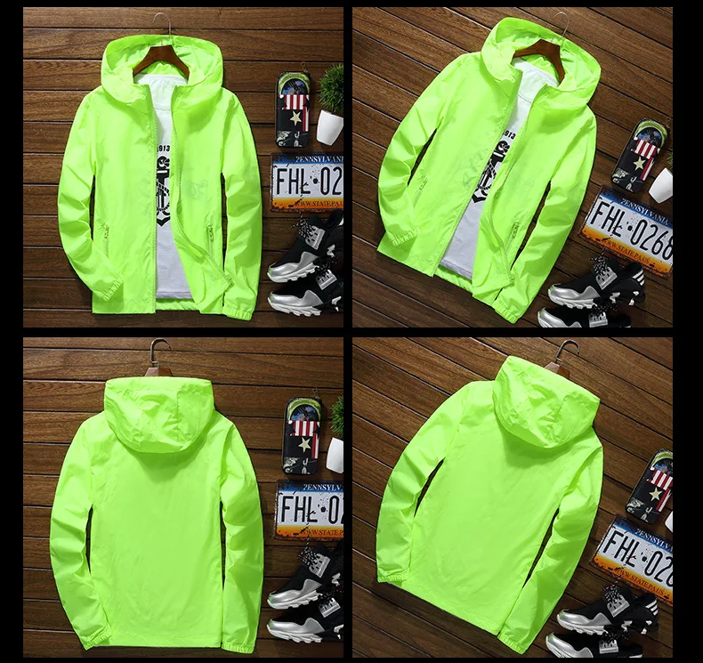 2020 Light-Weight Men's Summer Hooded Jacket Thin Windbreaker Packable Sunscreen Waterproof Beach Casual Zipper Coat Solid Color