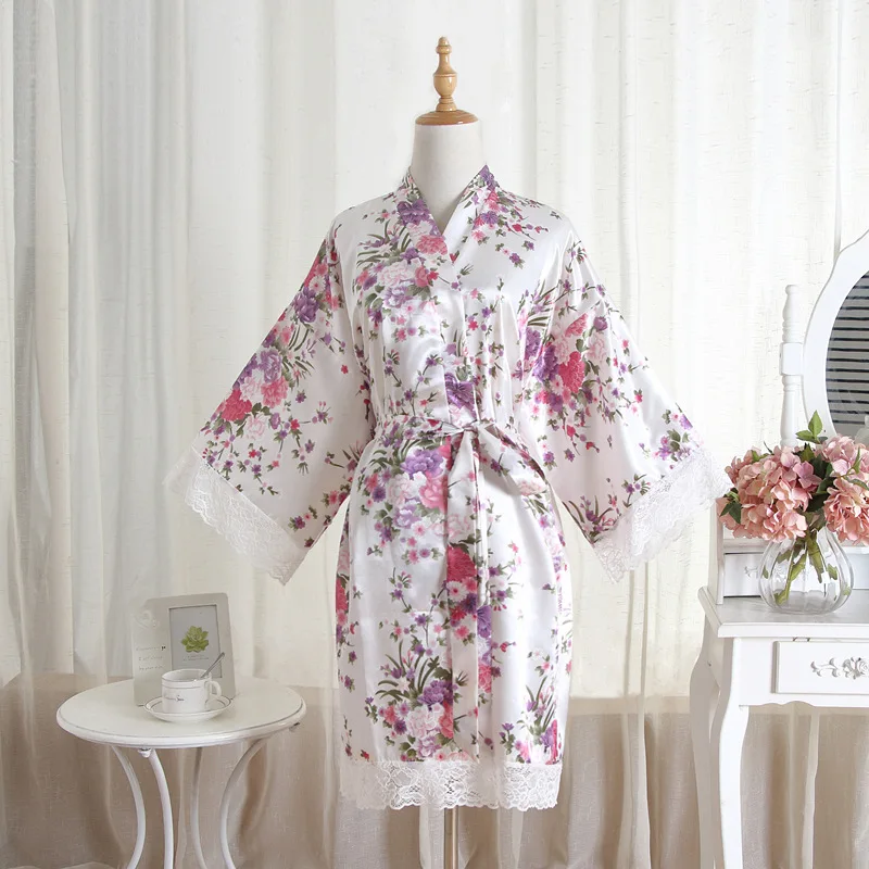 Новый принт Синий невесты Свадебный халат цветочный кимоно, ночная рубашка Для женщин домашнее платье пижамы вечерние Пижама