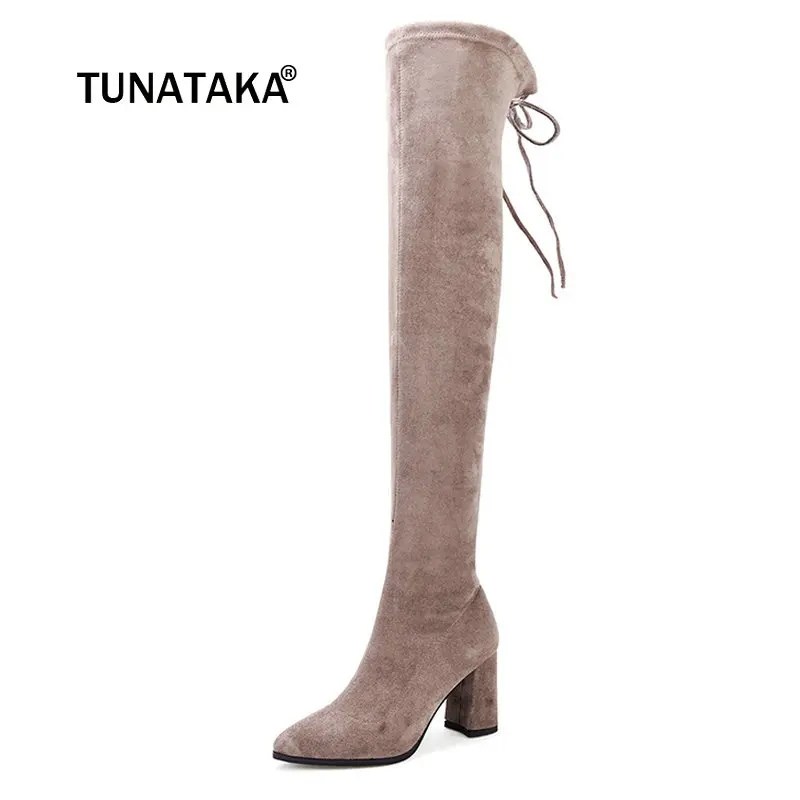 

Women Suede Square Heel Over the Knee Boots Fashion Zipper Pointed Toe Fall Winter Stretch Shoes Black Apricot