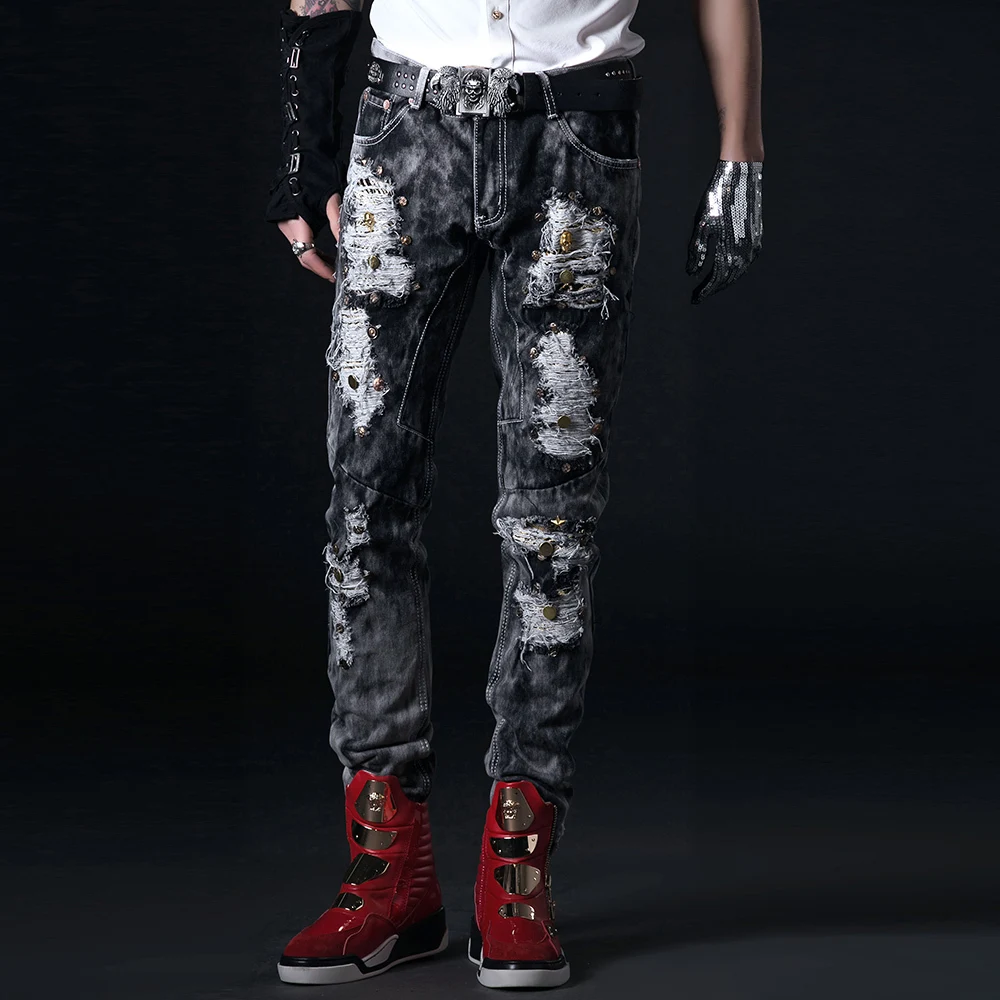 Korean men's brand jeans trousers rivet hole patch pants all match