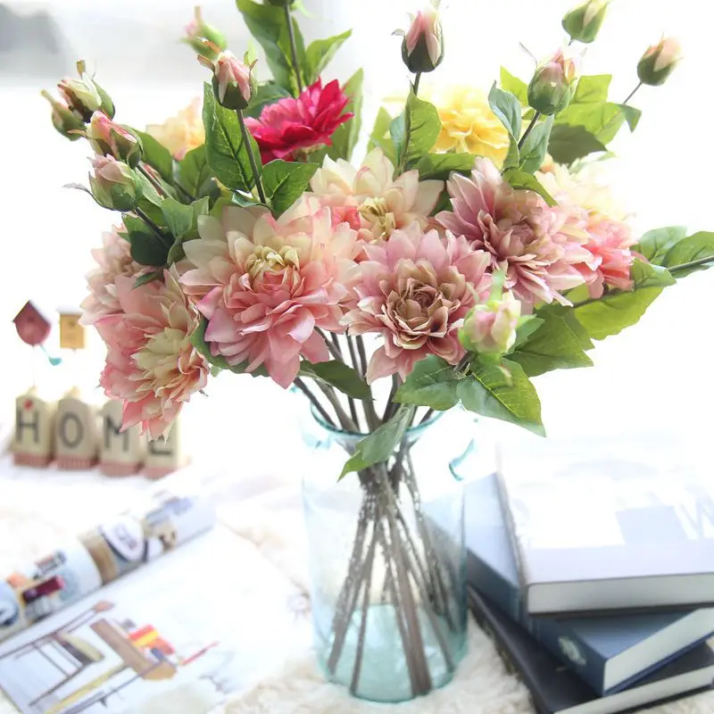 

2Pcs Artificial Flowers Dahlia Bud Branch Bouquet Simulation Fake Plant Home Hotel Table Ornament DIY Wedding Party Event Decor
