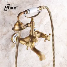 YiDLon Bathtub Faucets Antique Wall Mounted Bathroom Bath Shower Faucets Brass Brushed Bathtub Faucet With Hand Shower Torneiras bathtub faucets wall mounted antique shower faucets for the bath solid brass bathroom shower crane without slid bar mixer tap