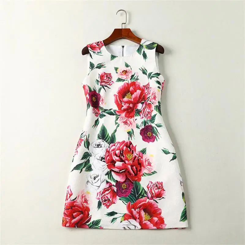 

Women Summer Dresses 2018 High Quality Runway Dress O-neck Sleeveless Print Beading Mini Dress Vestidos DX0646N