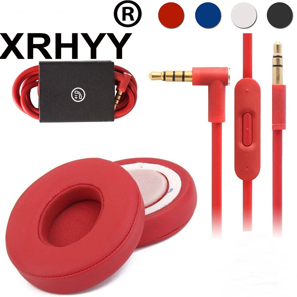 

XRHYY Red Replacement Earpads Cushions Cover + Aux Audio Cable with Mic For Beats Solo 2 Wired On-Ear Headphone