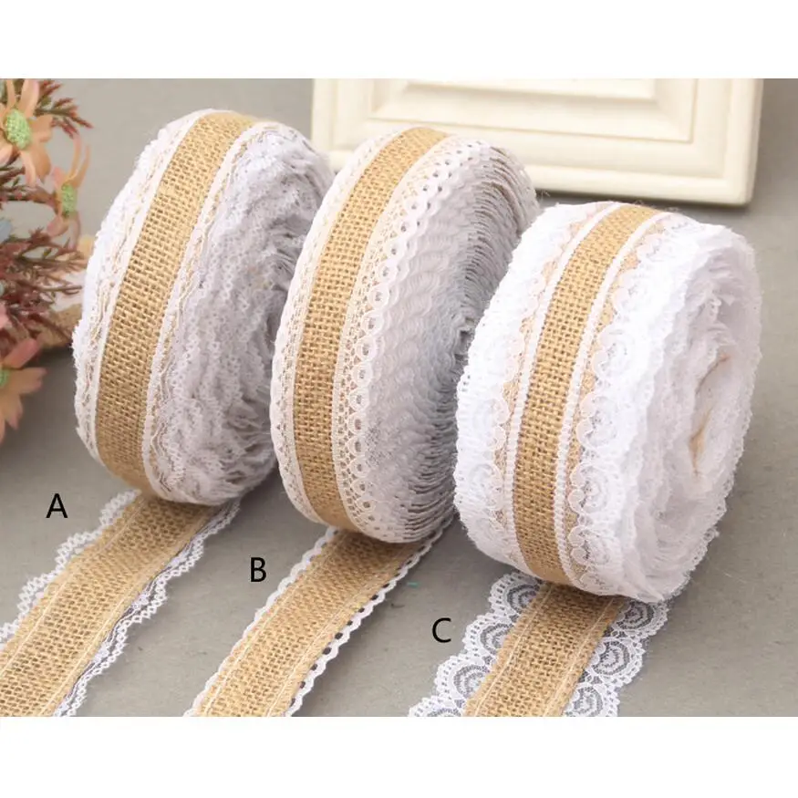 10M Natural Jute Burlap rolls Hessian Lace Ribbon Roll white lace trim