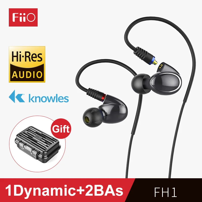FiiO FH1 сбалансированные арматурно-динамические гибридные HIFI басовые наушники-вкладыши 1 динамический+ 2 BAs(Ноулз) два кабеля с микрофоном и пультом дистанционного управления