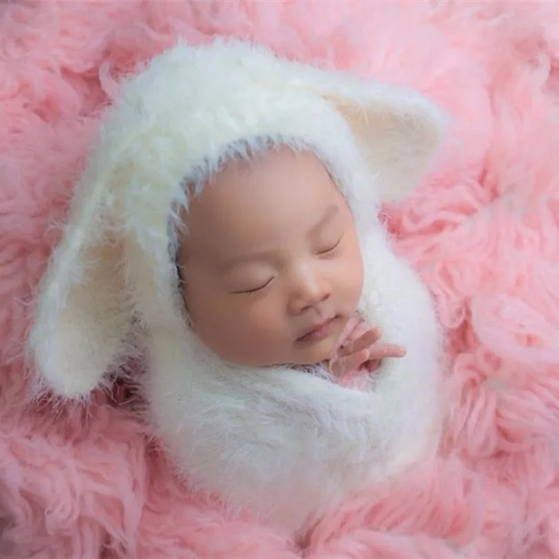 

White Newborn Stretch Knit Wrap Set Furry Baby Bunny Hat Soft Newborn Posing Layer Fluffy Infant Swaddle Knit Blanket Photo Prop