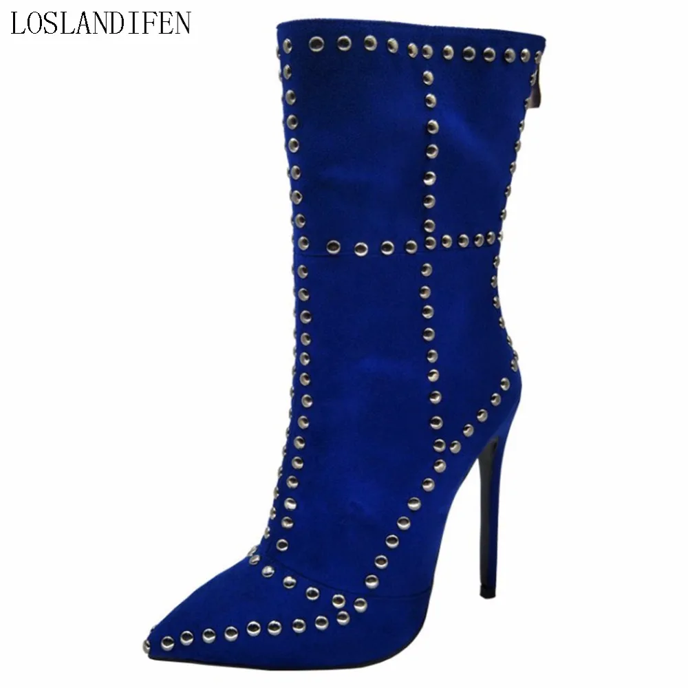 

2018 New Holidays Style Ladies Handmade Women's High Heel Boots Rivets Spikes Pointy Booties Party Dress Fashion Shoes X184