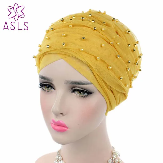Hot sale Luxury women gold beaded mesh Turban Headband extra Long mesh