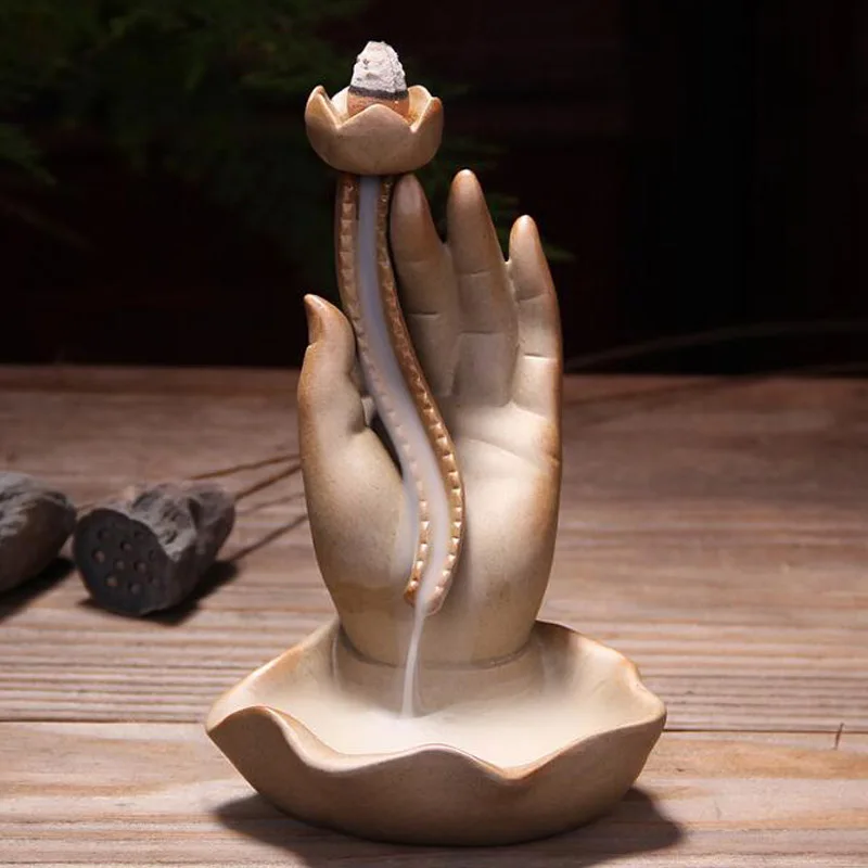 

Backflow Incense Burner Home Decor Ceramic Buddha Incense Holder Smoke Waterfall Buddhist Censer + 10Pcs Incense Cones