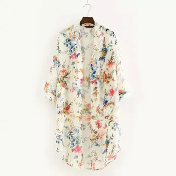 

Women Blouses 2019 Kimono Cardigan two Colors Chiffon Flowers White And black Blouse Shirt Chemisier Femme