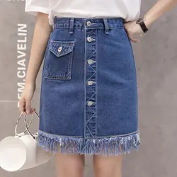 Новинка 2018 весна лето женская мини-джинсовая юбка с высокой талией Сексуальная кисточка А-силуэта джинсовая юбка элегантные однобортные